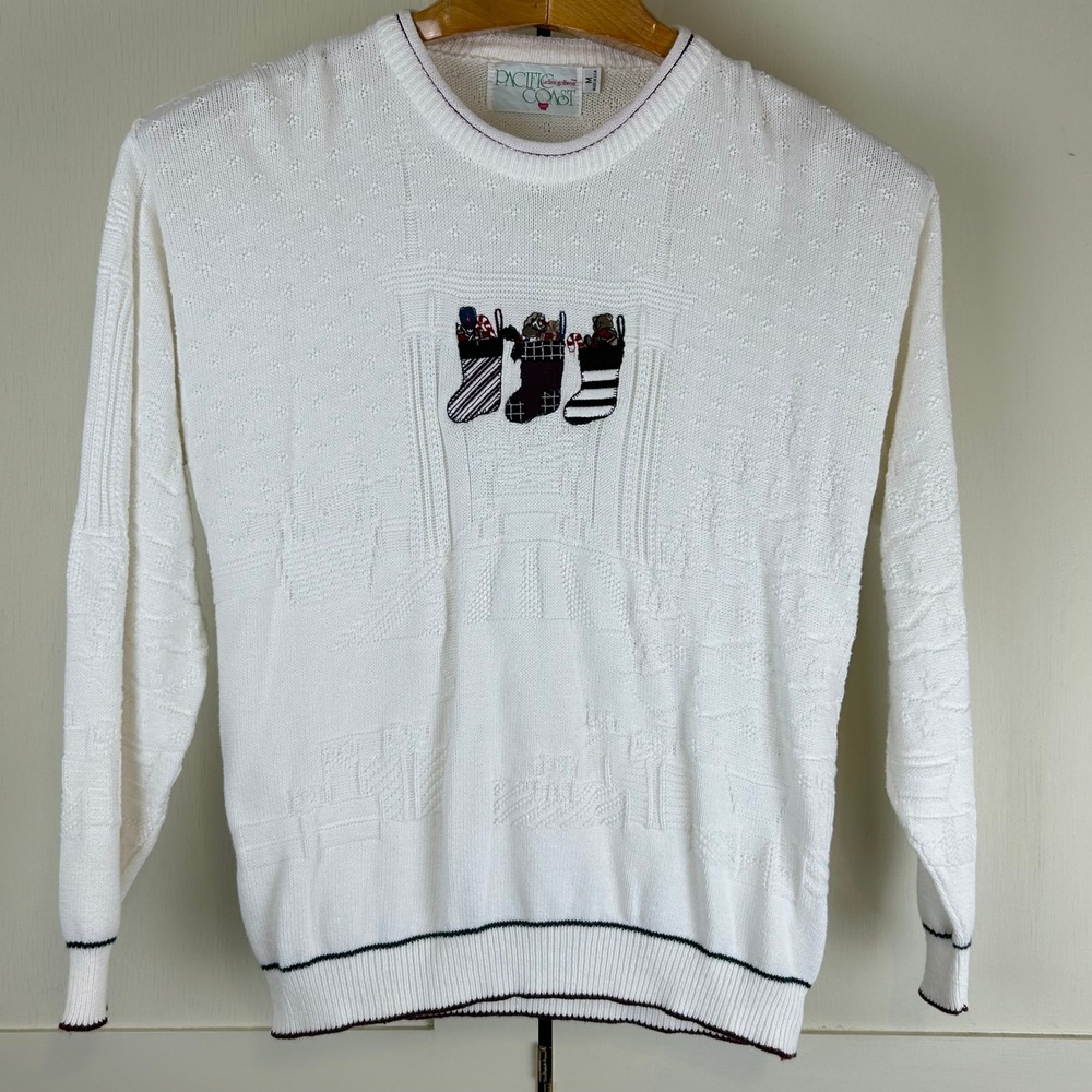 Vintage Christmas Sweater Womens M White Cotton Embroidered Stocking Grandmacore